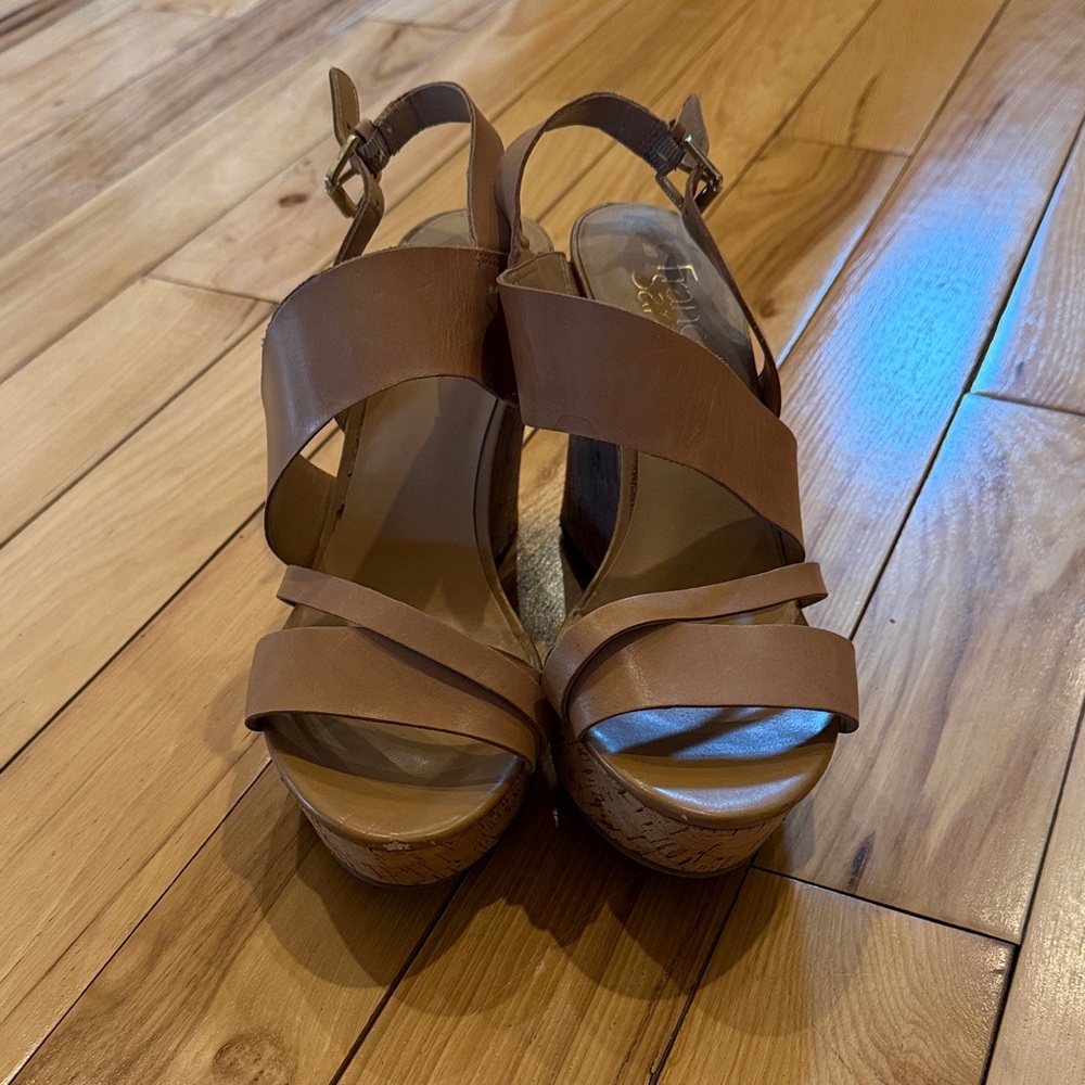 Franco Sarto size 8M Brown Women’s Cork Wedge Sandals - Open Toe Slingback